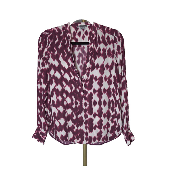 Vince Silk Blouse Burgundy Cream Abstract Print Split Neck Long Sleeve Size 2 - Picture 1 of 12